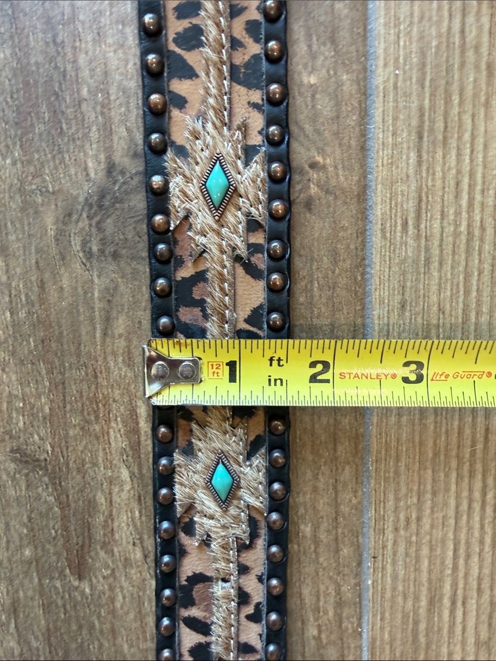 Nocona Brown Leopard Print Leather Belt with Calf Hide and Turquoise Accents - Picture 8 of 11